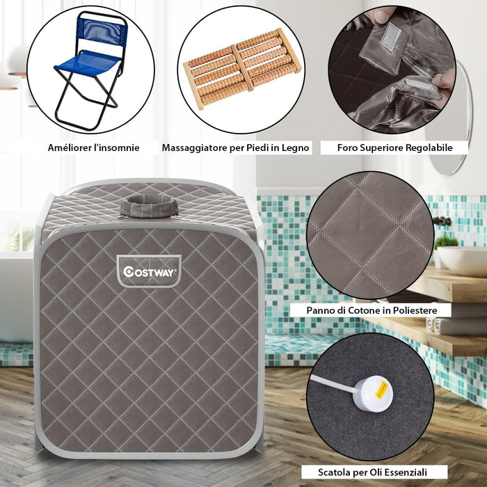 Sauna a Vapore Portatile con Telecomando, Cabina Sauna a Vapore Pieghevole con Sedia e 9 Livelli di Temperatura, Telaio in metallo (Grigio)