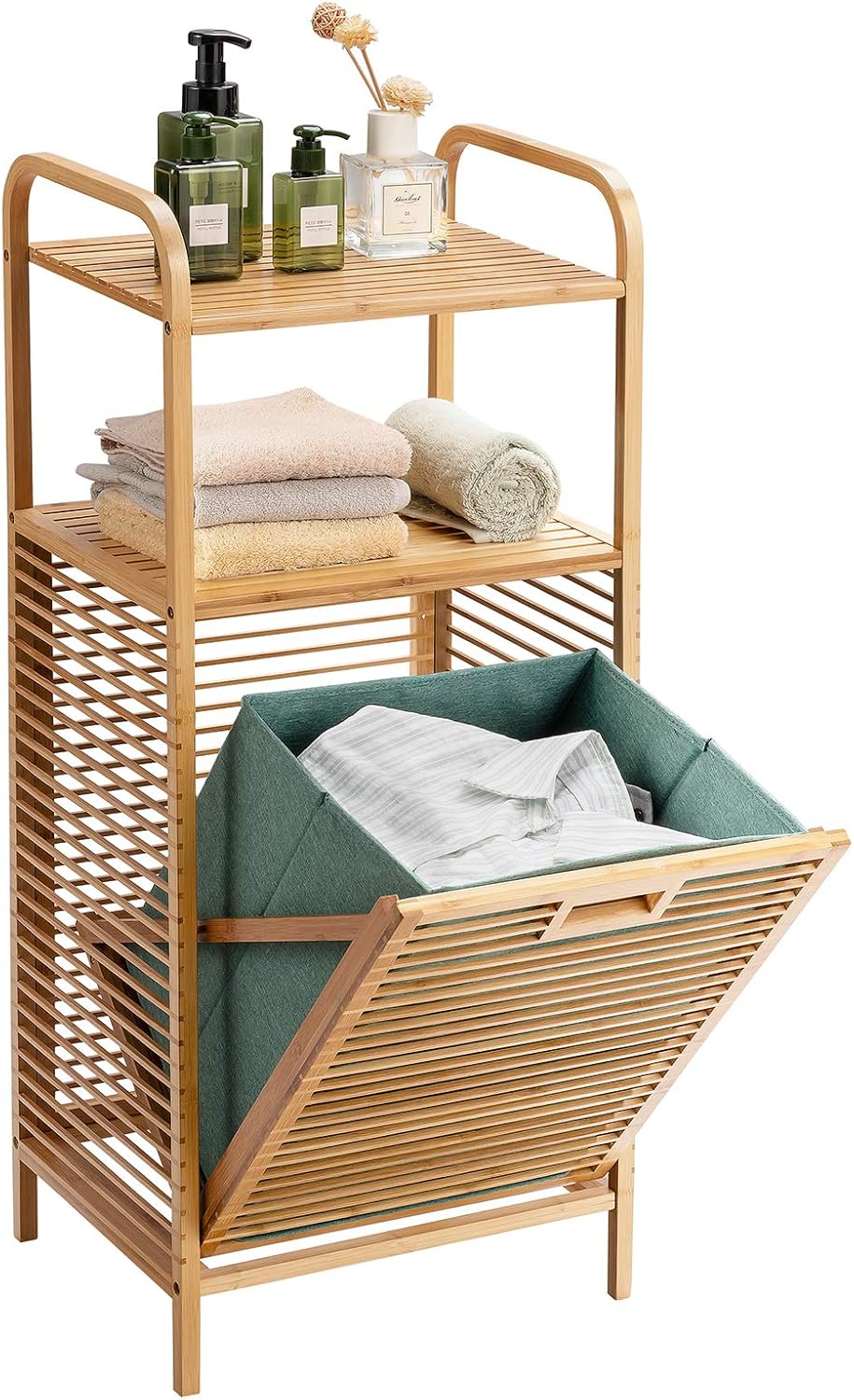 Armadietto da Terra Mobiletto Bagno 2 Ripiani Autoportante, con Sacco Portabiancheria, Adatto anche per Camera da Letto Salotto, in Bambù, 40,5 x 33 x 95,5 cm