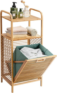 Armadietto da Terra Mobiletto Bagno 2 Ripiani Autoportante, con Sacco Portabiancheria, Adatto anche per Camera da Letto Salotto, in Bambù, 40,5 x 33 x 95,5 cm