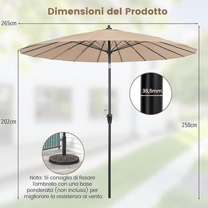 Ombrellone da Giardino Rotondo di 265 cm, Ombrellone da Patio con 18 Costole, Inclinazione a Pulsante, Parasole con Supporto in Metallo, per Cortile, Piscina, Spiaggia (Marrone)