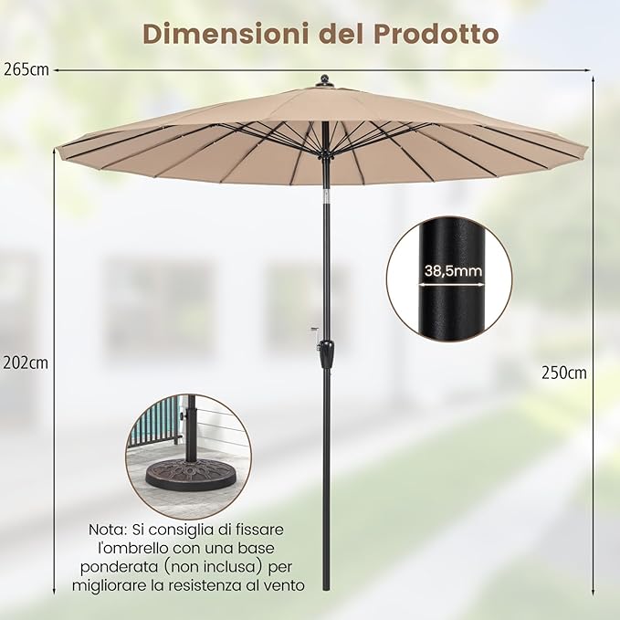 Ombrellone da Giardino Rotondo di 265 cm, Ombrellone da Patio con 18 Costole, Inclinazione a Pulsante, Parasole con Supporto in Metallo, per Cortile, Piscina, Spiaggia (Marrone)