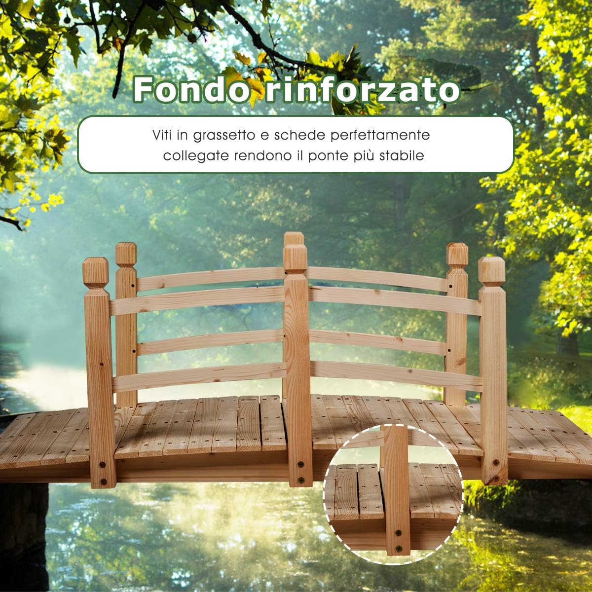Ponte in Legno per Giardino, Ponte Decorativo con Ringhiera, 150 x 67 x 55cm (Legno Chiaro)