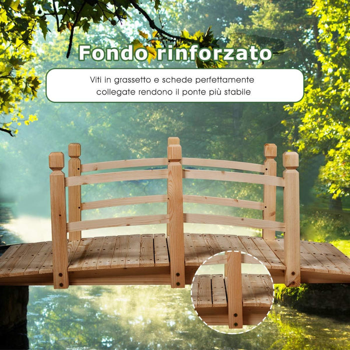 Ponte in Legno per Giardino, Ponte Decorativo con Ringhiera, 150 x 67 x 55cm (Legno Chiaro)