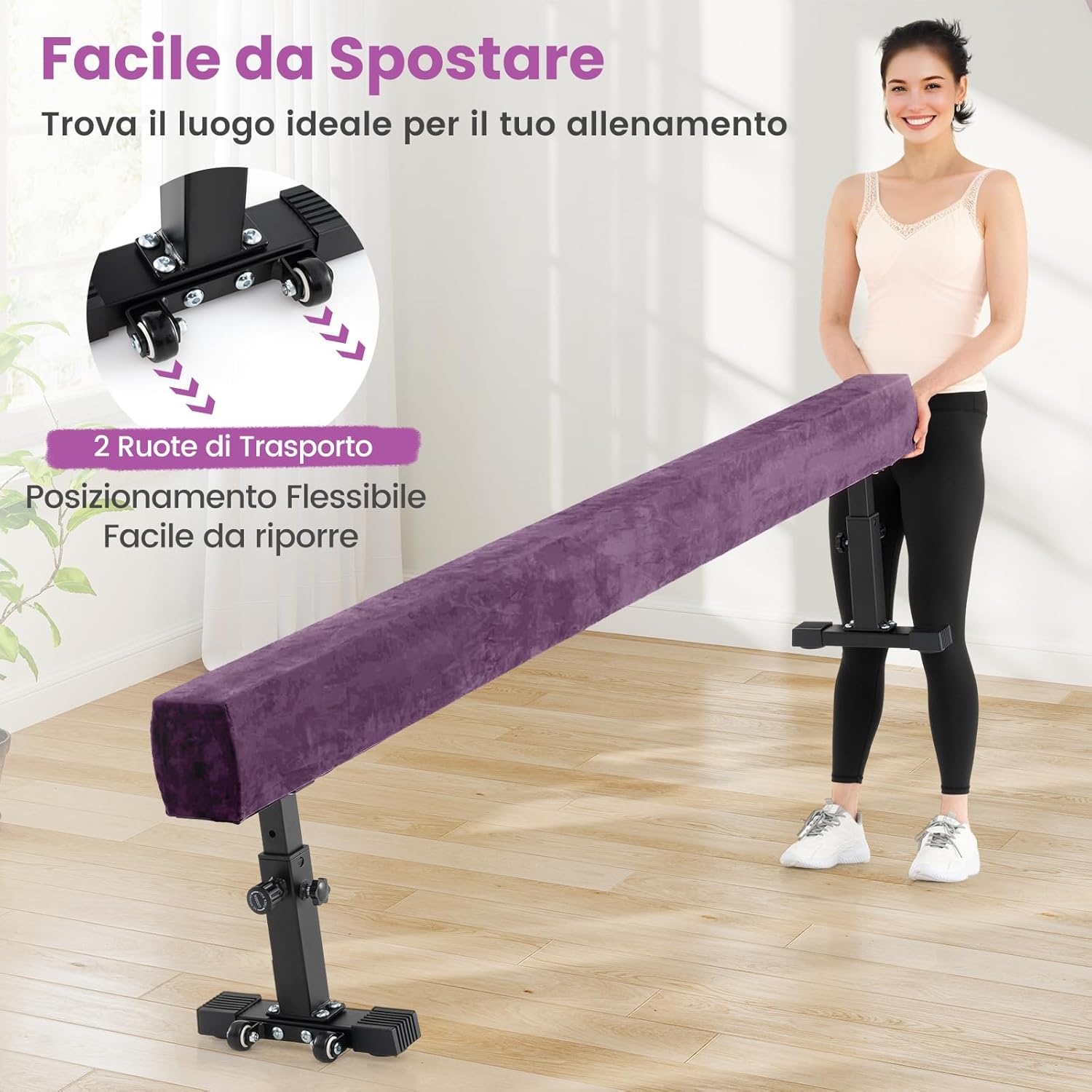 Trave Ginnastica Artistica per Casa Regolabile 226 cm, Trave di Equilibrio con Ruote e 3 Altezze Regolabili e Gambe Robuste per Principianti e Professionisti