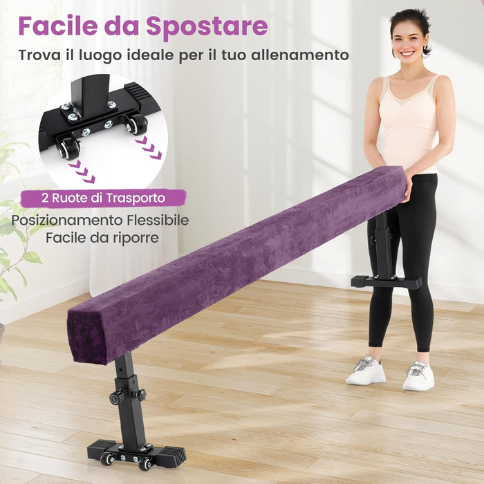 Trave Ginnastica Artistica per Casa Regolabile 226 cm, Trave di Equilibrio con Ruote e 3 Altezze Regolabili e Gambe Robuste per Principianti e Professionisti