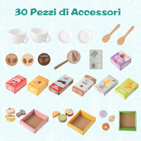 Mercato Giocattolo per Bambini con Cassa, Negozio Giocattolo in Legno con Macchina Caffè e Distributore Automatico, Banco Mercato Giocattolo con Scaffali e 30 Accessori, per Bambini 3+ Anni