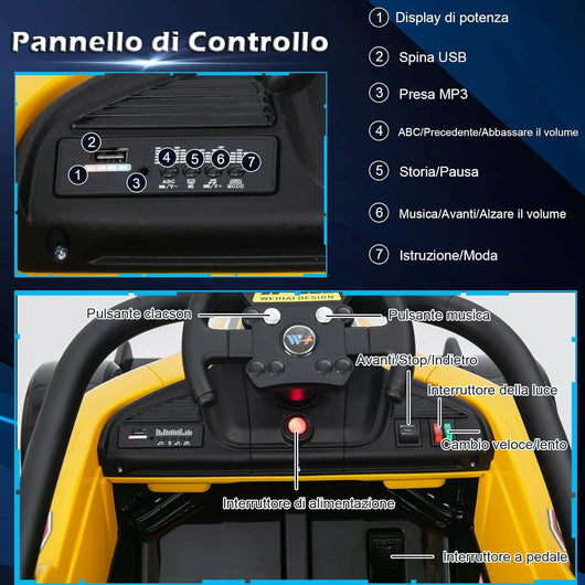 Macchina Elettrica per Bambini, Veicolo elettrico 12V con Telecomando e Batteria Ricaricabile, Musica e Luci LED, Velocità 2-5km/h, per Bambini da 3-7 Anni (Giallo)