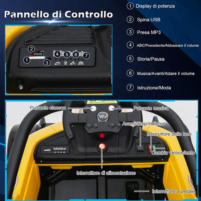 Macchina Elettrica per Bambini, Veicolo elettrico 12V con Telecomando e Batteria Ricaricabile, Musica e Luci LED, Velocità 2-5km/h, per Bambini da 3-7 Anni (Giallo)
