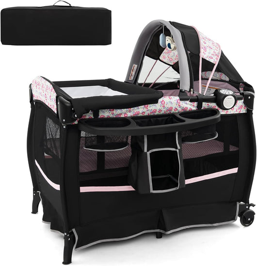 4 in 1 Lettino da Campeggio con Fasciatoio, Lettino Pieghevole per Bambini con Materasso, Centro Neonati con Culla, Box Musicale, Cappottina Regolabile, Borsa da Viaggio (Fiore Grande)