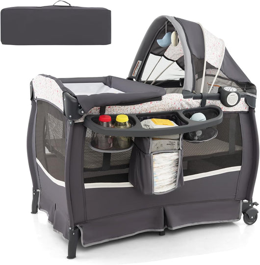 4 in 1 Lettino da Campeggio con Fasciatoio, Lettino Pieghevole per Bambini con Materasso, Centro Neonati con Culla, Box Musicale, Cappottina Regolabile, Borsa da Viaggio (Fiore Piccolo)
