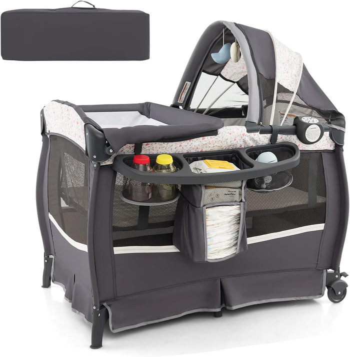 4 in 1 Lettino da Campeggio con Fasciatoio, Lettino Pieghevole per Bambini con Materasso, Centro Neonati con Culla, Box Musicale, Cappottina Regolabile, Borsa da Viaggio (Fiore Piccolo)