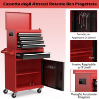 Cassettiera Portautensili a 4 Cassetti, Carrello per Attrezzi con Ruote Bloccabili Ripiano Regolabile e Rivestimento Antiscivolo, 59 x 28 x 102 cm (Nero + Rosso)