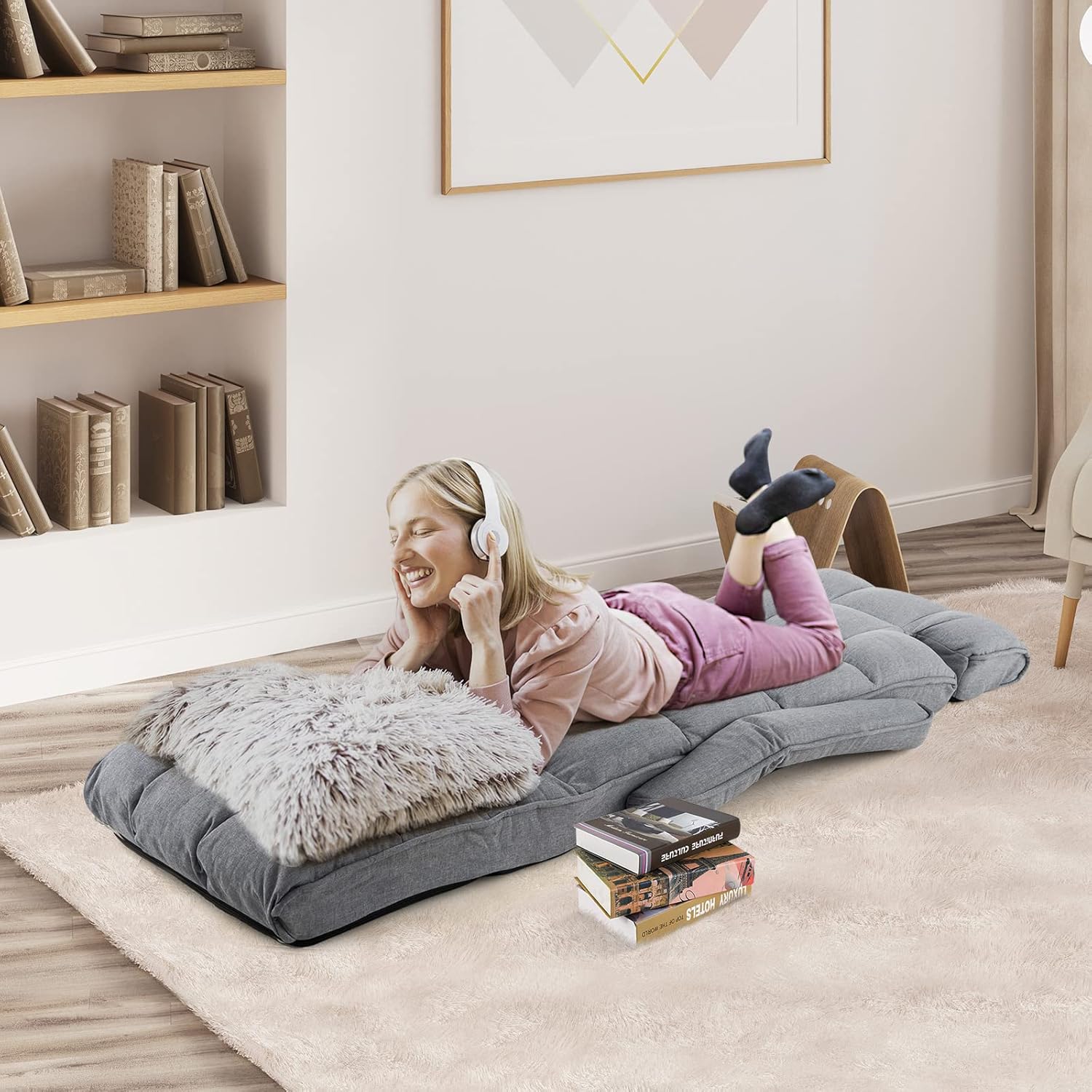 Poltrona Salotto da Terra, Sedie Pieghevoli Imbottita Chaise Longue Reclinabile in 5 Posizioni, con Regolabili Braccioli Schienale, per Yoga Relax Meditazione, 195x73x19 cm(Grigio)