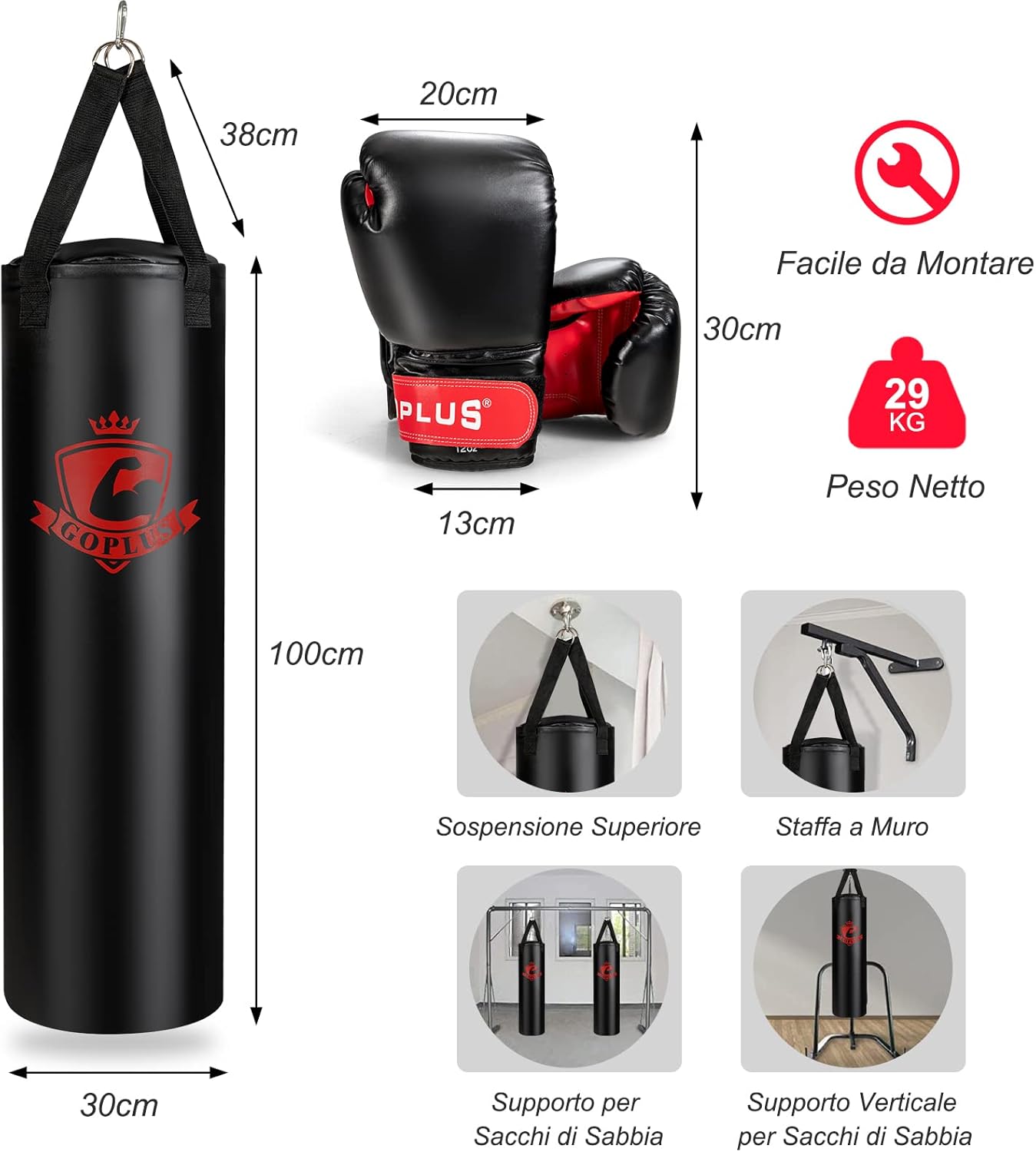 Set sacco da boxe per adulti 29 kg, Sacco da boxe appeso con sotto guanti e guantoni da boxe 12 Once, Ideale per muay thai krav maga taekwondo karate, facile da montare