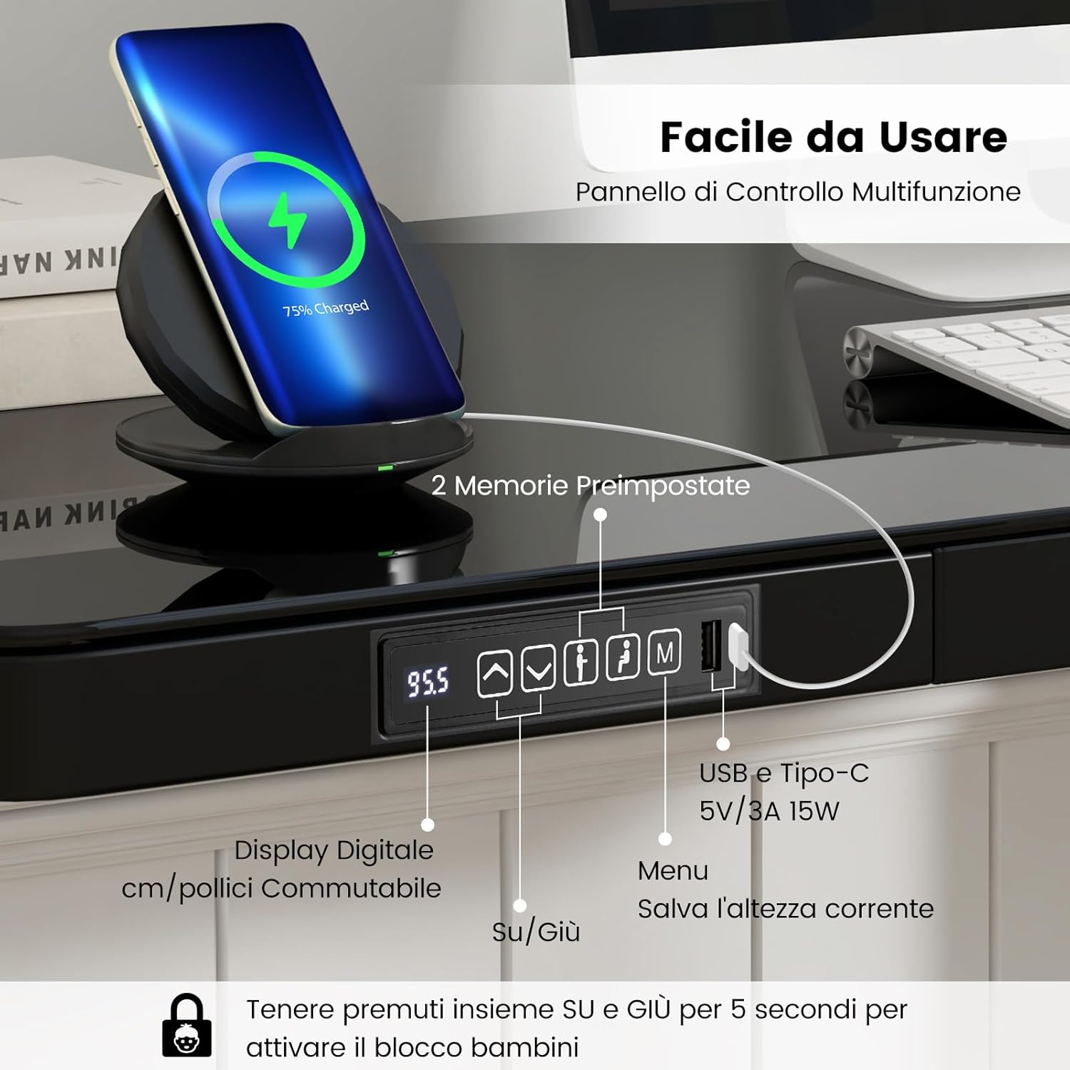 Scrivania Regolabile in Altezza con Cassetto, Scrivania con Piano in Vetro, 2 Posizioni di Memoria e Porte USB Tipo-C, Scrivania per Ufficio e Casa, 120 x 60 x 73-118 cm (Nero)