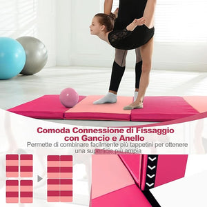Tappetino Fitness Yoga, 240x120x5 cm, 4 Segmenti Pieghevoli, Materassino da Ginnastica, Impermeabile in Schiuma PU, con Manici, Leggero e Portabile, Trasporto Facile(Rosa)