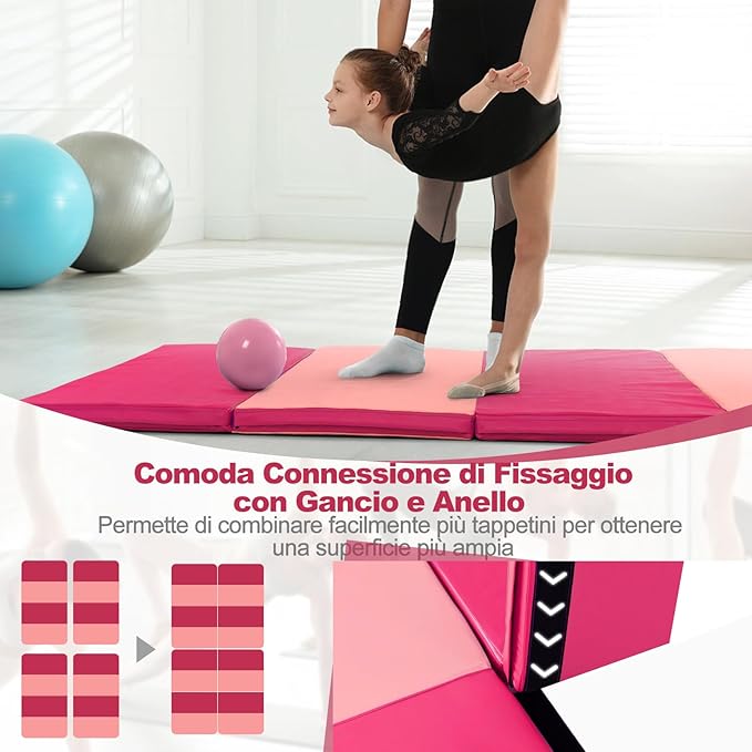 Tappetino Fitness Yoga, 240x120x5 cm, 4 Segmenti Pieghevoli, Materassino da Ginnastica, Impermeabile in Schiuma PU, con Manici, Leggero e Portabile, Trasporto Facile(Rosa)