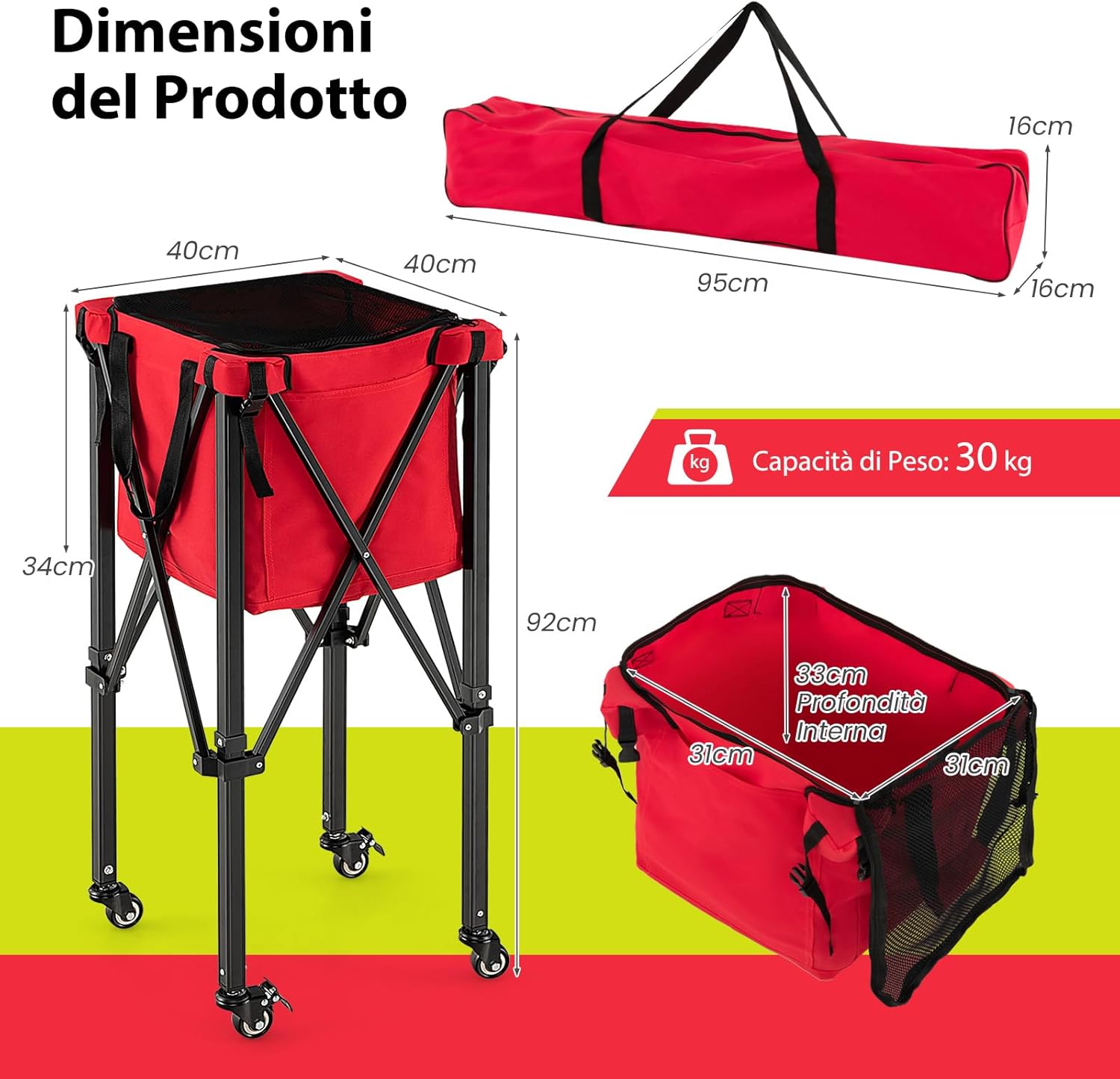 Carrello Porta Palline da Tennis, Carrello da Tennis Pieghevole in Alluminio con Ruote Frenate, Borsa Rimovibile Tasche Laterali, Borsa per Il Trasporto, Max 150 Palline Tennis