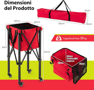Carrello Porta Palline da Tennis, Carrello da Tennis Pieghevole in Alluminio con Ruote Frenate, Borsa Rimovibile Tasche Laterali, Borsa per Il Trasporto, Max 150 Palline Tennis