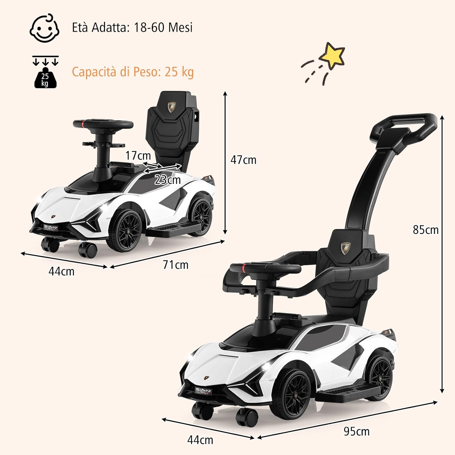 3 in 1 Auto da Spinta, Auto Scorrevole con Paracolpi e Manubrio Rimovibili Musica e Fari, Spazio di Stoccaggio Nascosto e Ruote Universali Staccabili, Bambini 18-24 Mesi (Bianco)