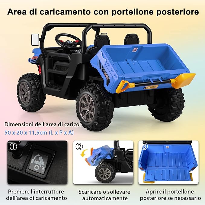12V Auto Elettrico per Bambini, Trattore Elettrico con Scatola di Scarico, Macchina Elettrica con Pala Telecomando e Musica, Regalo per Bambini 3-8 Anni, 3-8 km/h (Blu)