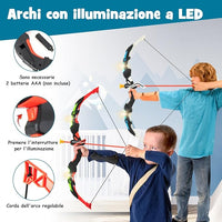 Set di 2 Archi e Frecce per Bambini, Giocattoli con Arco e Frecce LED con 20 Frecce a Ventosa, Fasce per Interni ed Esterni, per Ragazzi 3 anni +