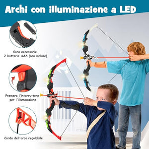 Set di 2 Archi e Frecce per Bambini, Giocattoli con Arco e Frecce LED con 20 Frecce a Ventosa, Fasce per Interni ed Esterni, per Ragazzi 3 anni +