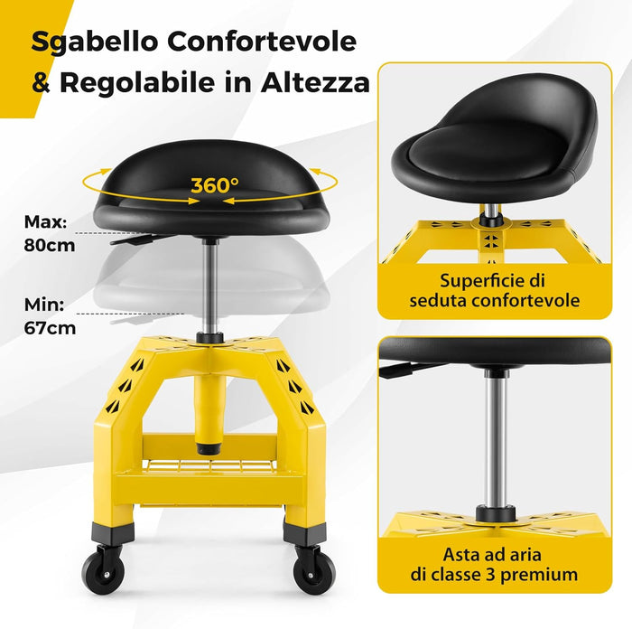 Sgabello da Officina, Sgabello Meccanico Rotante con Vassoio Porta Attrezzi, Regolabile in Altezza e 4 Ruote Universali, Capacità di 150 kg, per Garage, Officina (Giallo)