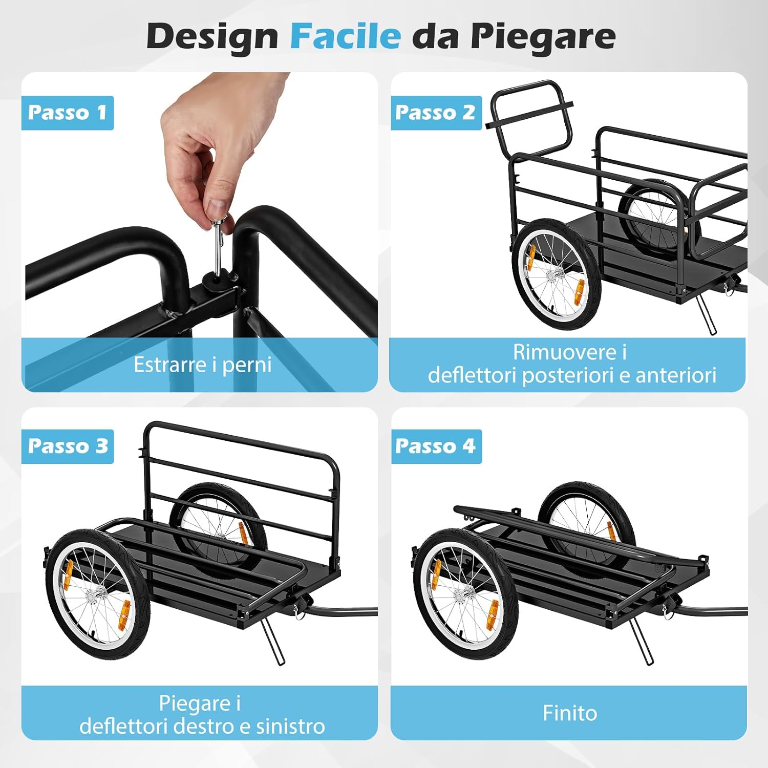 Carrello Cargo per Bicicletta Pieghevole, Rimorchio per Bici con Copertura in Tessuto Oxford e Ruote Pneumatiche con Relfettori, Carrello per Bici con Portata di 55 kg, 145,5 x 61 x 58 cm