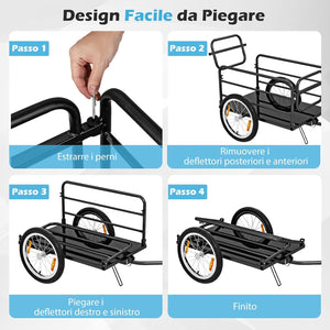 Carrello Cargo per Bicicletta Pieghevole, Rimorchio per Bici con Copertura in Tessuto Oxford e Ruote Pneumatiche con Relfettori, Carrello per Bici con Portata di 55 kg, 145,5 x 61 x 58 cm