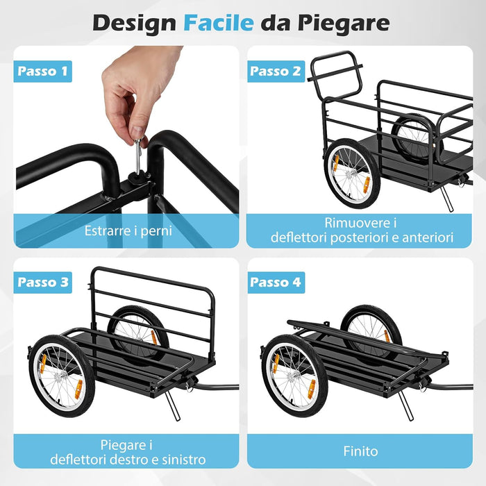 Carrello Cargo per Bicicletta Pieghevole, Rimorchio per Bici con Copertura in Tessuto Oxford e Ruote Pneumatiche con Relfettori, Carrello per Bici con Portata di 55 kg, 145,5 x 61 x 58 cm
