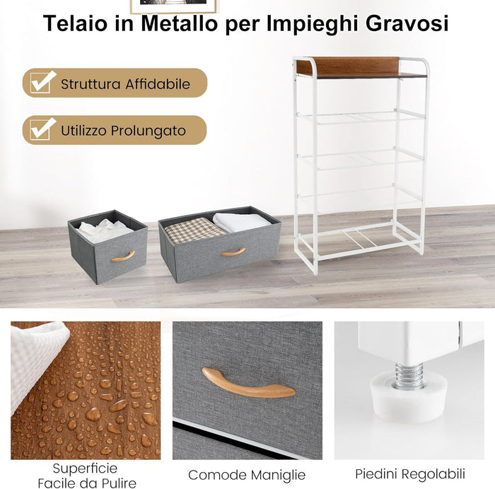 Cassettiera con 4/5 Cassetti, Organizer Verticale con Cassetti Pieghevoli in Tessuto, Cassettiera Armadietto, Comò con Struttura in Acciaio e Superficie in Legno (5 cassetti grigio)