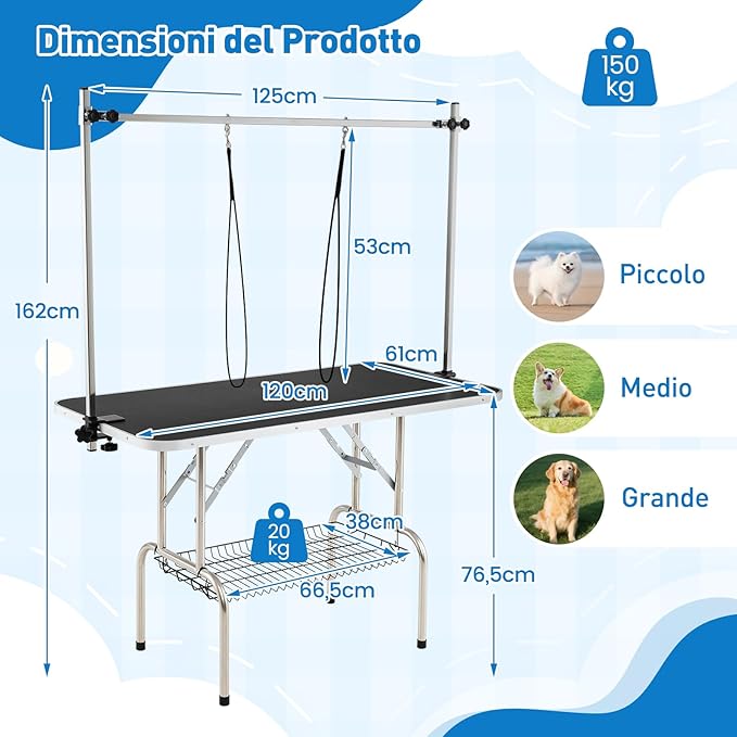 Tavolo da Toelettatura per Cani, Accessori Pieghevole per Toilette con Bracci Regolabili in Altezza, Guinzagli e Morsetti a Vassoio a Rete, Portata 150 kg (125 x 61 x 162,5 cm)