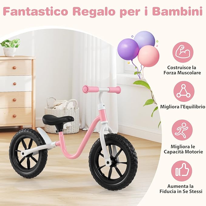 Bicicletta Equilibrio Senza Pedali, con Manubrio e Sella Regolabili in Altezza, Bicicletta Leggera con Telaio in Acciaio al Carbonio, Bici da Regalo per Bambini 3 + Anni