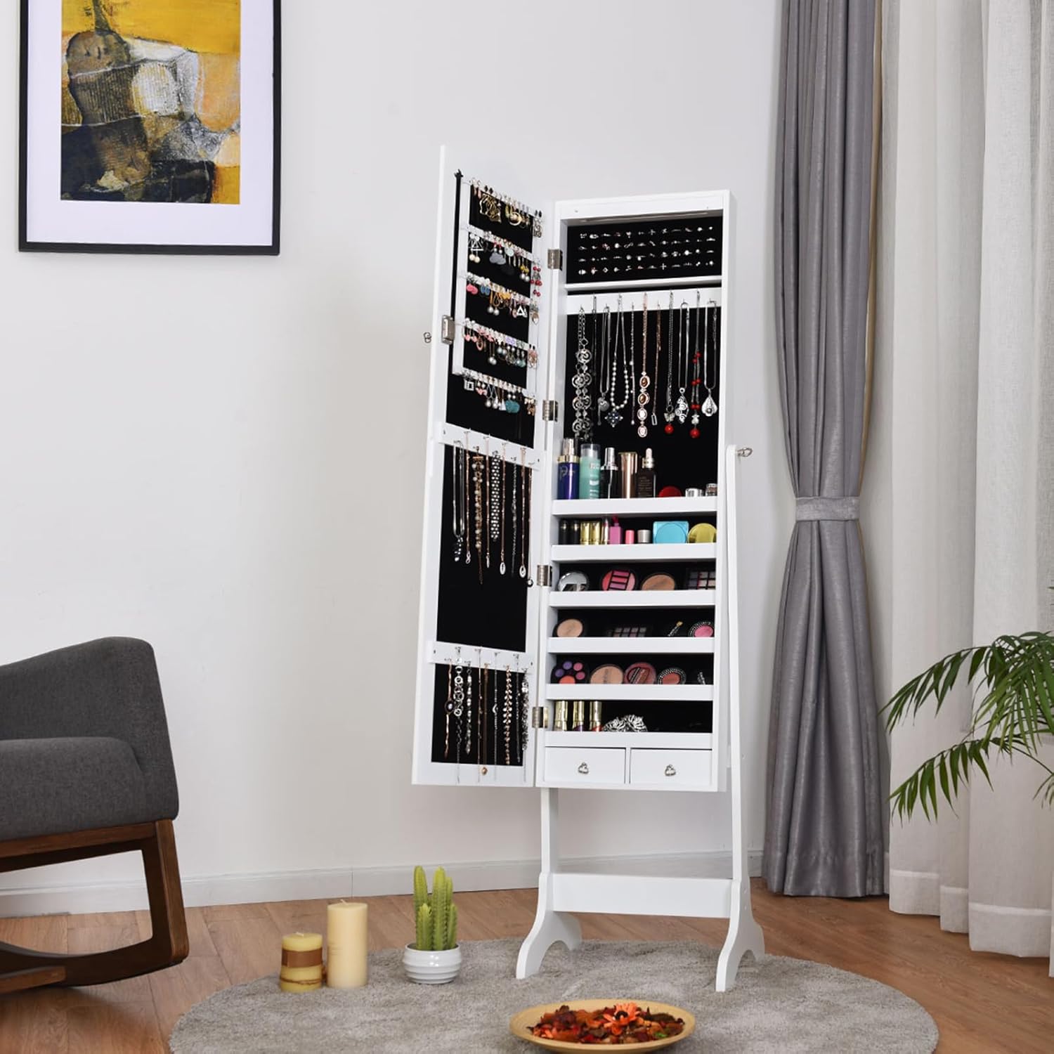 Armadietto Portagioie Specchiera per Gioielli con Chiave e Luci LED, Specchio Figura Intera da Terra, 160x41,5x37cm (Bianco)