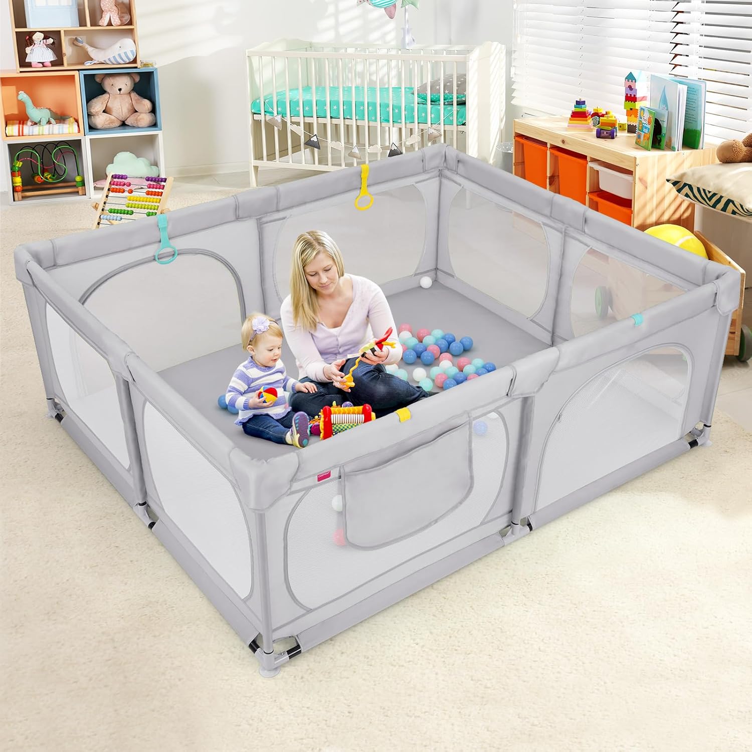 Recinto per Bambini, Box per Bambini con Rete Traspirante, Centro Attività per Bambini con 50 Palline, Box Giochi per Bambini 0-3 Anni (Grigio, 189 x 158 cm)