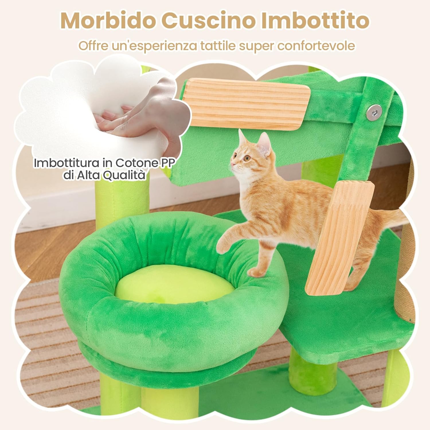 Tiragraffi a Forma di Mulino a Vento, Albero per Gatti con Lettino, Imbottitura Rotonda e Piattaforma Superiore con Paratie Anticaduta, Torre per Animali Domestici Interno, Verde e Naturale