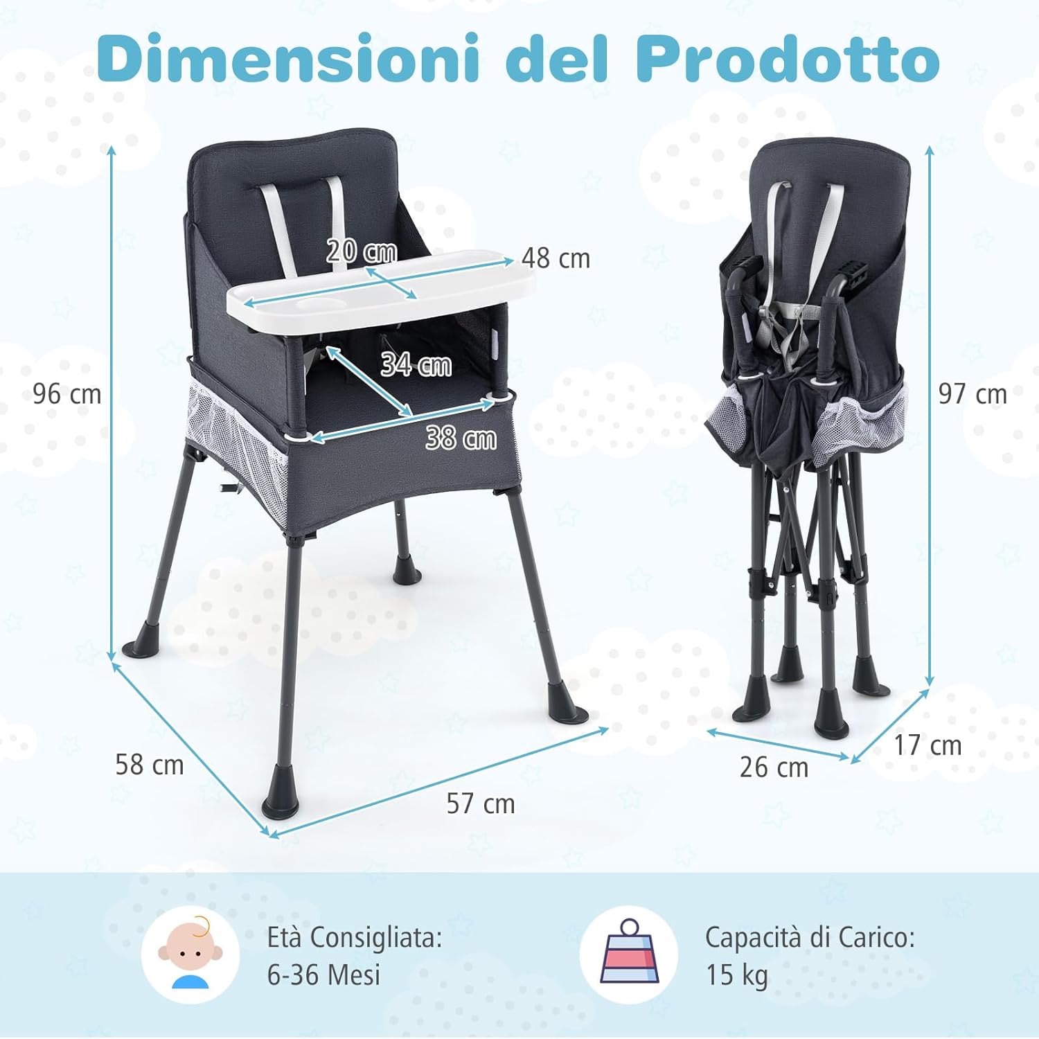 Seggiolone Pieghevole per Bambini, Seggiolone Salvaspazio con Vassoio Regolabile a 2 Livelli, Cintura di Sicurezza, Aperture Regolabili per Gambe, Tasche, per Bambini 6-36 Mesi