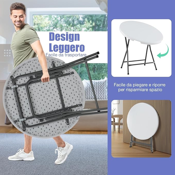 Tavolo Rotondo Pieghevole 81 cm, Tavolo da Campeggio in HDPE, Gambe in Metallo e Piedini Antiscivolo, per Esterno e Interno Picnic Campeggio, Portata 75 kg