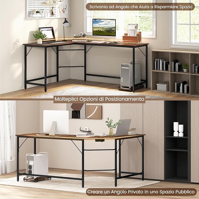 Scrivania Angolare Salvaspazio, Scrivania ad Angolo a Forma di L con Presa di Corrente, Supporto CPU e Telaio in Metallo Resistente, Scrivania per Computer da Casa e Ufficio (Marrone)