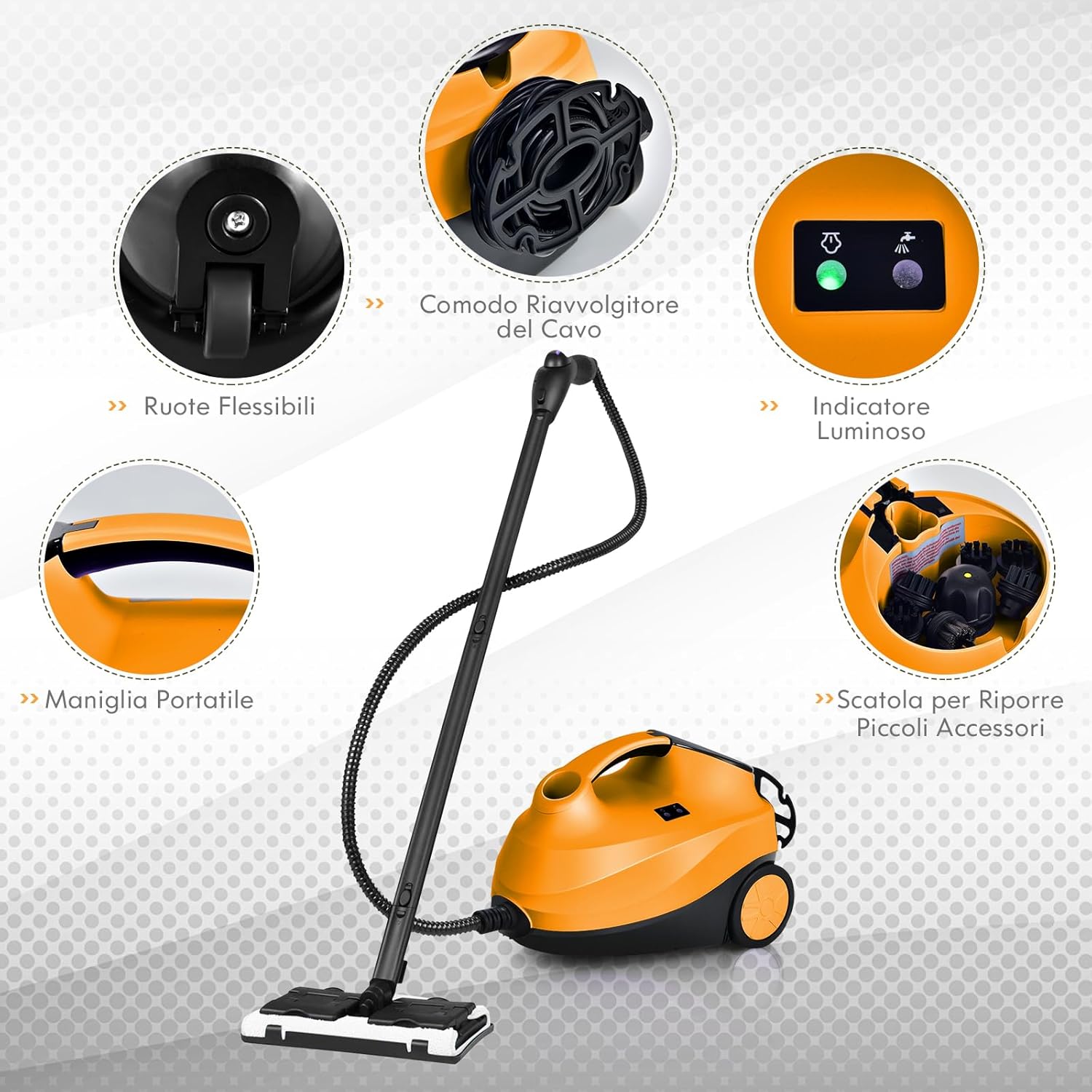 2000W Pulitore a Vapore con 19 Accessori e Serbatoio da 1,5L, Vapore per Tappeti, per Pulizie Profonde Pavimenti Finestre e Macchine (Arancia)