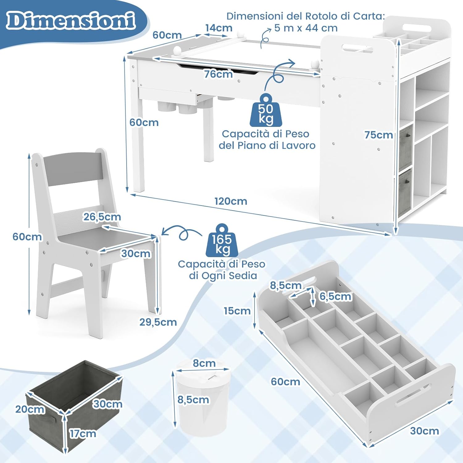 Set Tavolo e Sedie per Bambini con Rotolo di Carta, Tavolino per Cameretta con 2 Sedie, Piano Ribaltabile, Ripiani, 8 Bicchieri per Pittura, 2 Cassetti Nascosti e 2 Ceste di Tessuto (Grigio)
