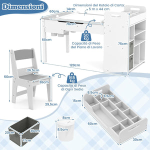 Set Tavolo e Sedie per Bambini con Rotolo di Carta, Tavolino per Cameretta con 2 Sedie, Piano Ribaltabile, Ripiani, 8 Bicchieri per Pittura, 2 Cassetti Nascosti e 2 Ceste di Tessuto (Grigio)