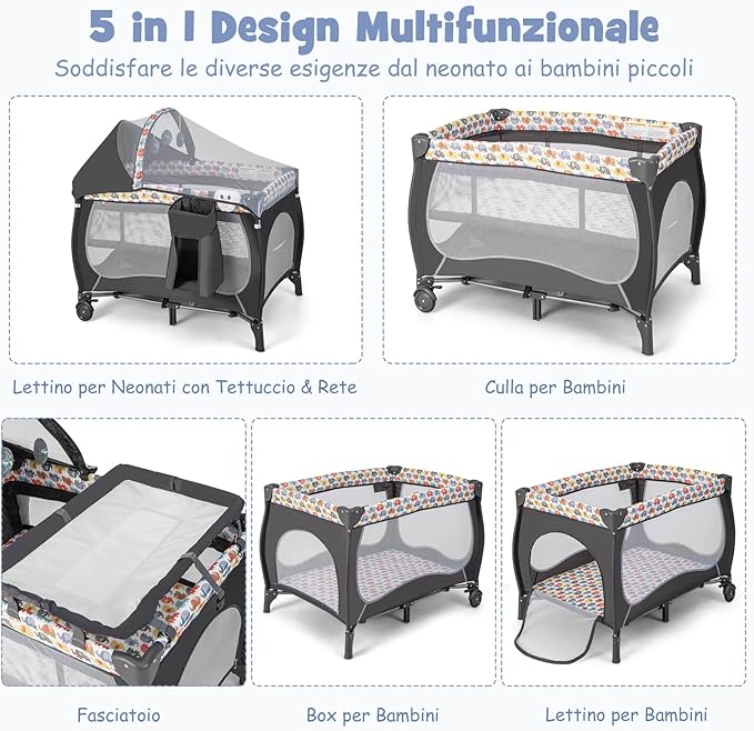 5 in 1 Lettino da Campeggio con Materasso, Lettino Neonato da Viaggio Pieghevole, Box Bambini Portatile con Borsa, Zanzariera, per Bambini 0-36 Mesi (Elefante Colorato)