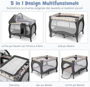 5 in 1 Lettino da Campeggio con Materasso, Lettino Neonato da Viaggio Pieghevole, Box Bambini Portatile con Borsa, Zanzariera, per Bambini 0-36 Mesi (Elefante Colorato)