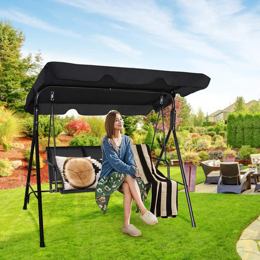 Dondolo da Giardino a 3 Posti, con Tettuccio Parasole Regolabile, Sedia a Dondolo da Giardino con Telaio in Acciaio, 173 x 119 x 152 cm (Nero)