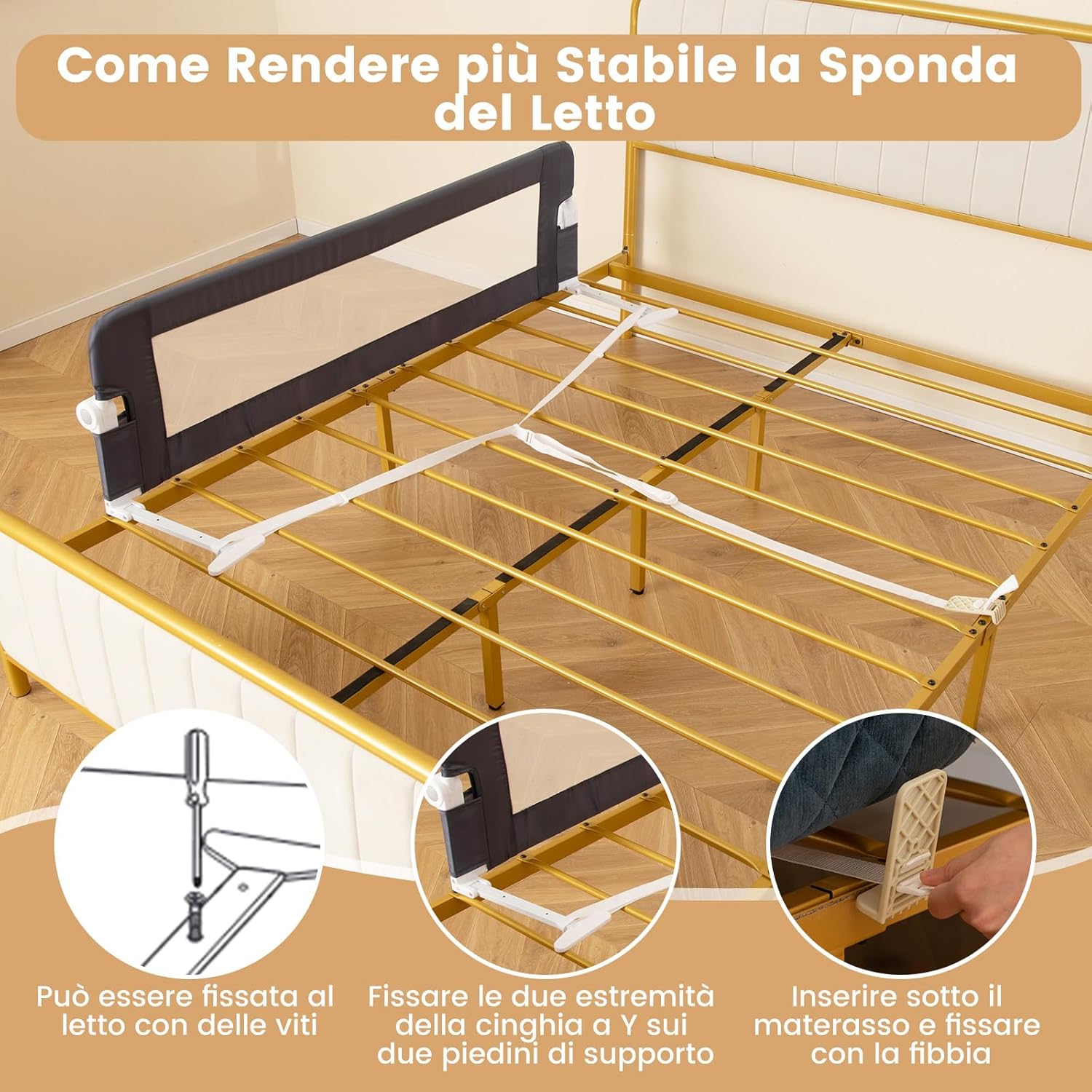 Sponda Letto per Bambini 105/120/150 cm, Barriera di Sicurezza per Neonati, Barriera Letto Pieghevole e Portatile, con Cinghia di Sicurezza (Grigio, 152 x 34 x 42 cm)