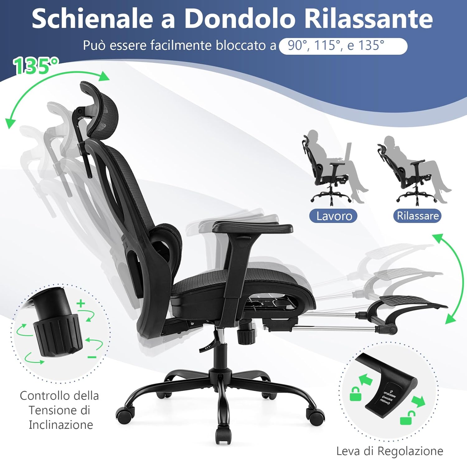 Sedia Ergonomica da Ufficio, Sedia Girevole con Poggiatesta, Supporto Lombare, Braccioli 3D, Poggiapiedi Estraibile & Schienale Reclinabile, Poltrona Girevole con Poggiapiedi