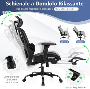 Sedia Ergonomica da Ufficio, Sedia Girevole con Poggiatesta, Supporto Lombare, Braccioli 3D, Poggiapiedi Estraibile & Schienale Reclinabile, Poltrona Girevole con Poggiapiedi