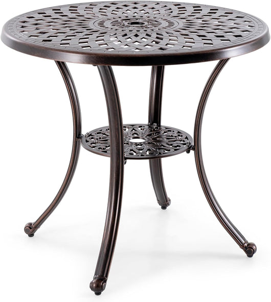 Tavolino da Giardino in Alluminio Pressofuso, Tavolino Rotondo da 79 cm con Foro per Ombrellone, Ripiano Inferiore, per Giardino, Portico e Balcone, Portato Totalo 90 kg